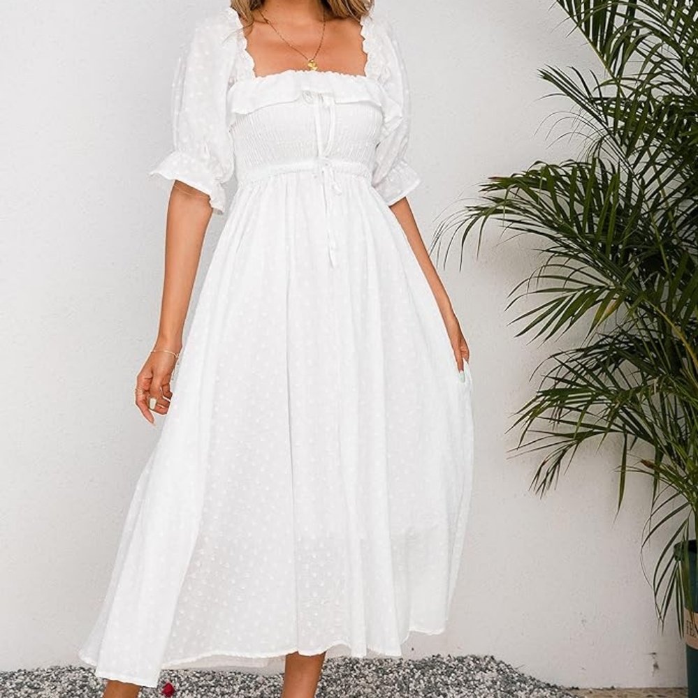 R.Vivimos White Flowy Swiss Dot Midi Dress